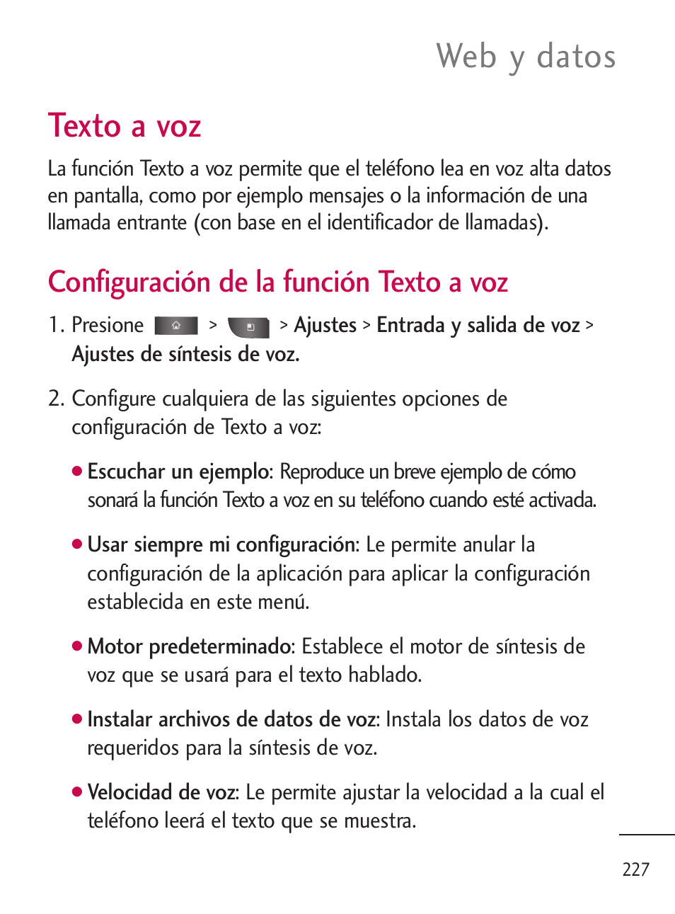 Texto a voz, Web y datos, Configuración de la función texto a voz | LG LGL45C User Manual | Page 485 / 546