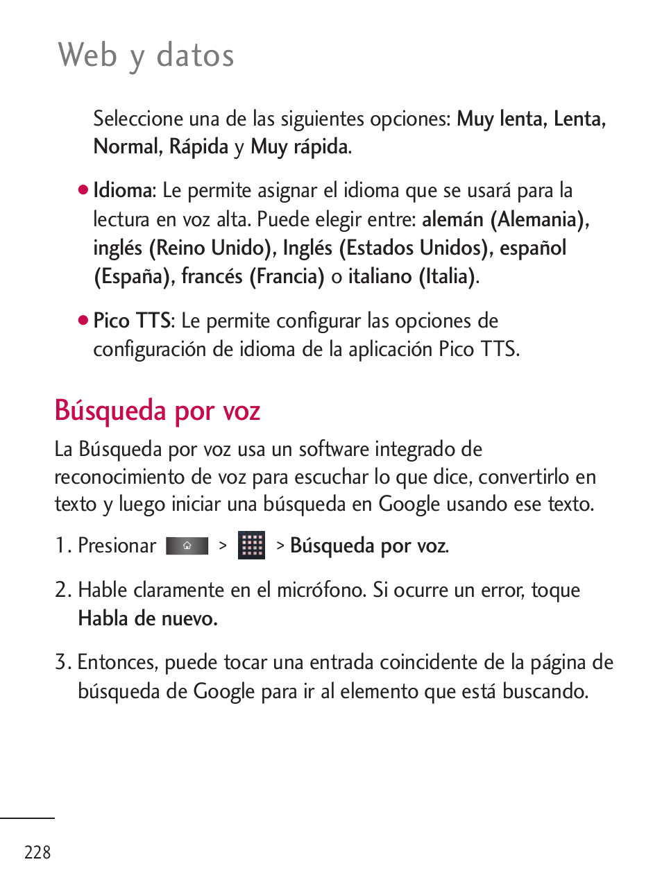 Web y datos, Búsqueda por voz | LG LGL45C User Manual | Page 486 / 546