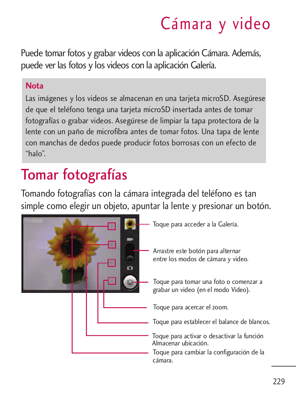 C?ara y video, Tomar fotografíasa, Cámara y video | Tomar fotografías | LG LGL45C User Manual | Page 487 / 546