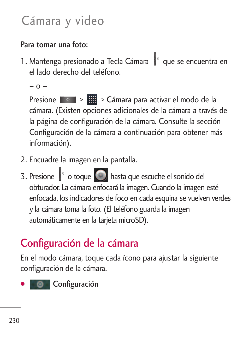 Cámara y video, Configuración de la cámara | LG LGL45C User Manual | Page 488 / 546