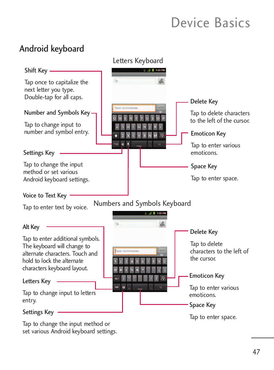 Device basics, Android keyboard | LG LGL45C User Manual | Page 49 / 546