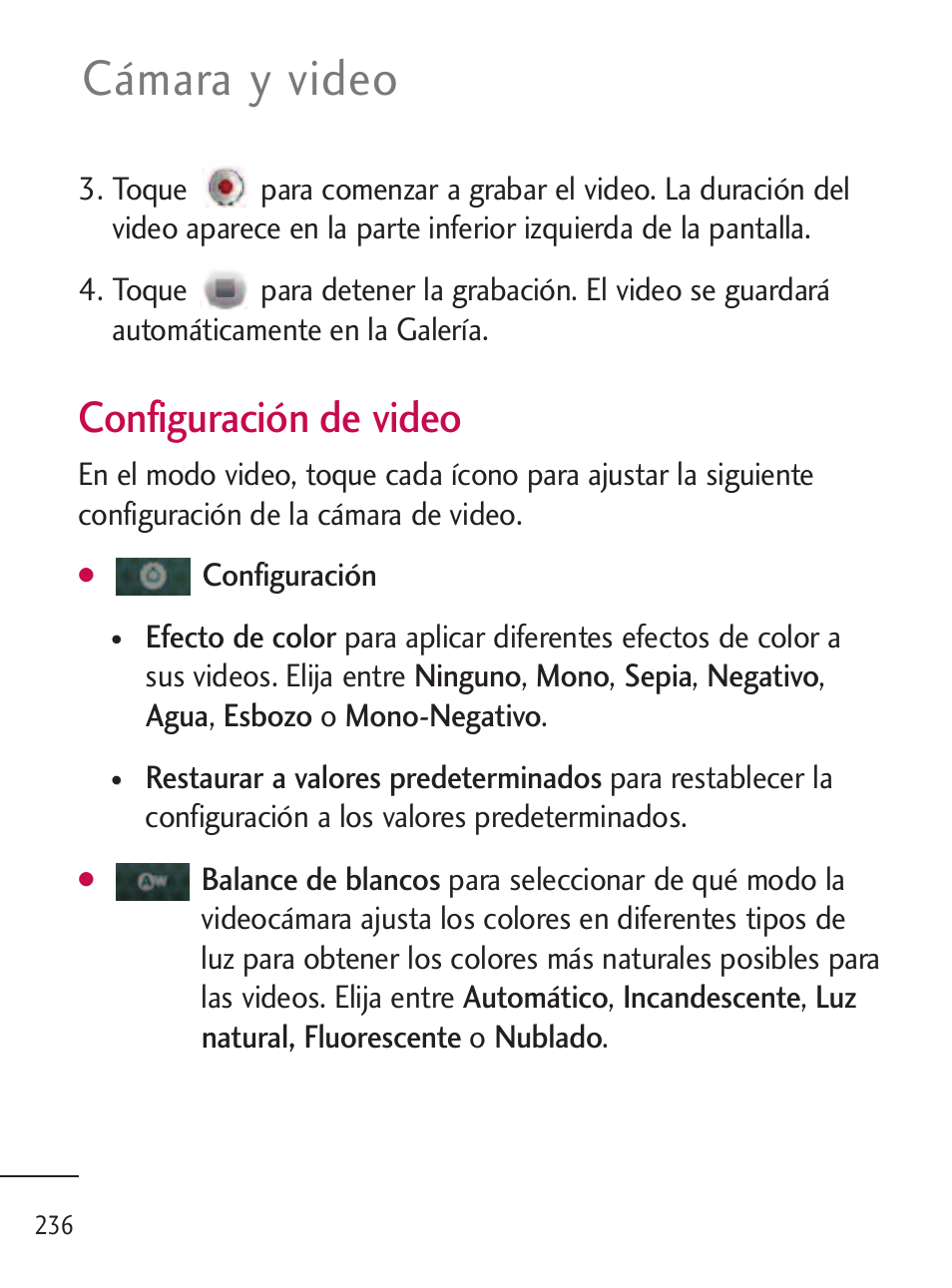 Cámara y video, Configuración de video | LG LGL45C User Manual | Page 494 / 546