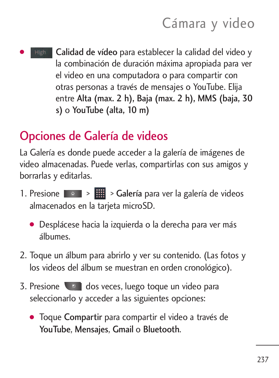 Cámara y video, Opciones de galería de videos | LG LGL45C User Manual | Page 495 / 546