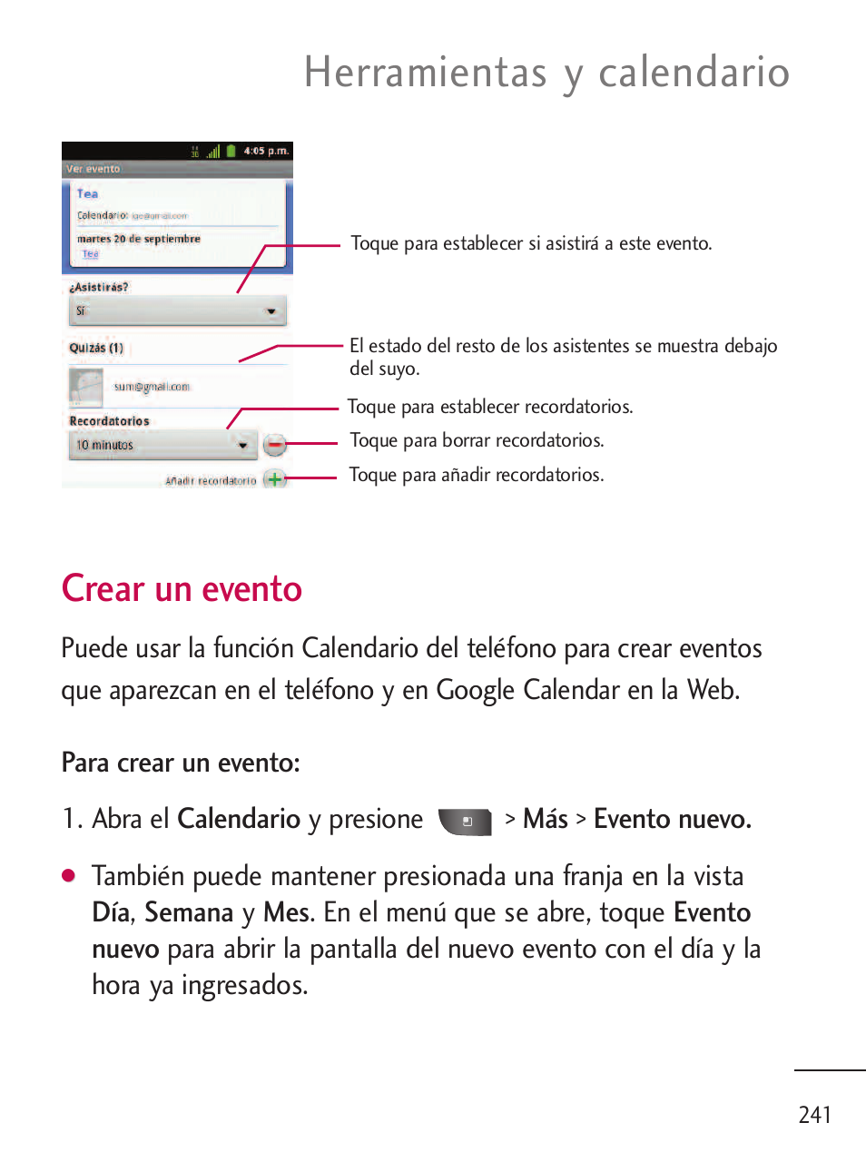 Herramientas y calendario, Crear un evento | LG LGL45C User Manual | Page 499 / 546