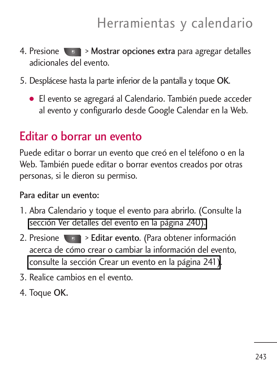 Herramientas y calendario, Editar o borrar un evento | LG LGL45C User Manual | Page 501 / 546