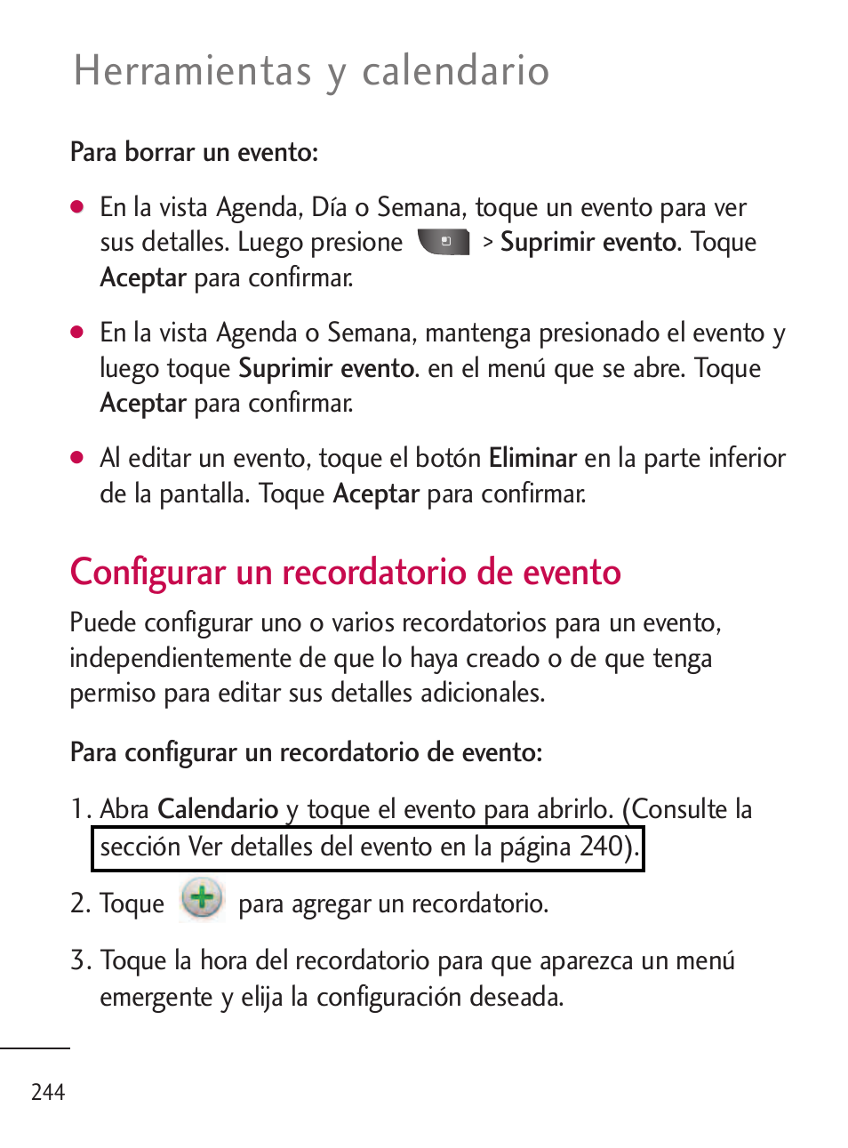 Herramientas y calendario, Configurar un recordatorio de evento | LG LGL45C User Manual | Page 502 / 546