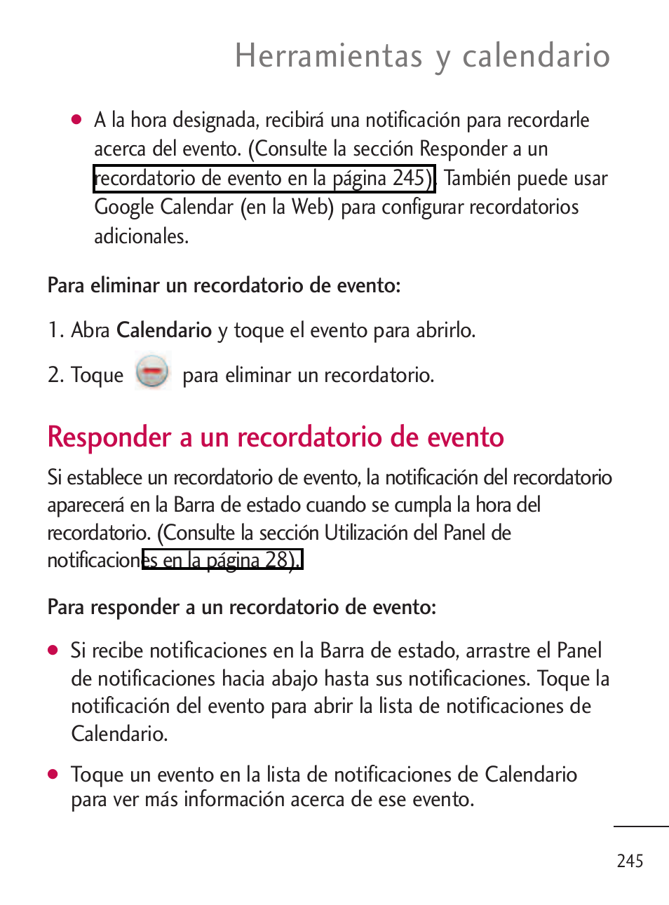 Herramientas y calendario, Responder a un recordatorio de evento | LG LGL45C User Manual | Page 503 / 546