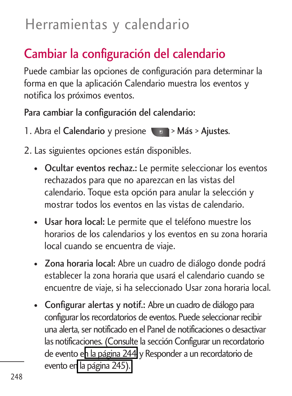 Herramientas y calendario, Cambiar la configuración del calendario | LG LGL45C User Manual | Page 506 / 546