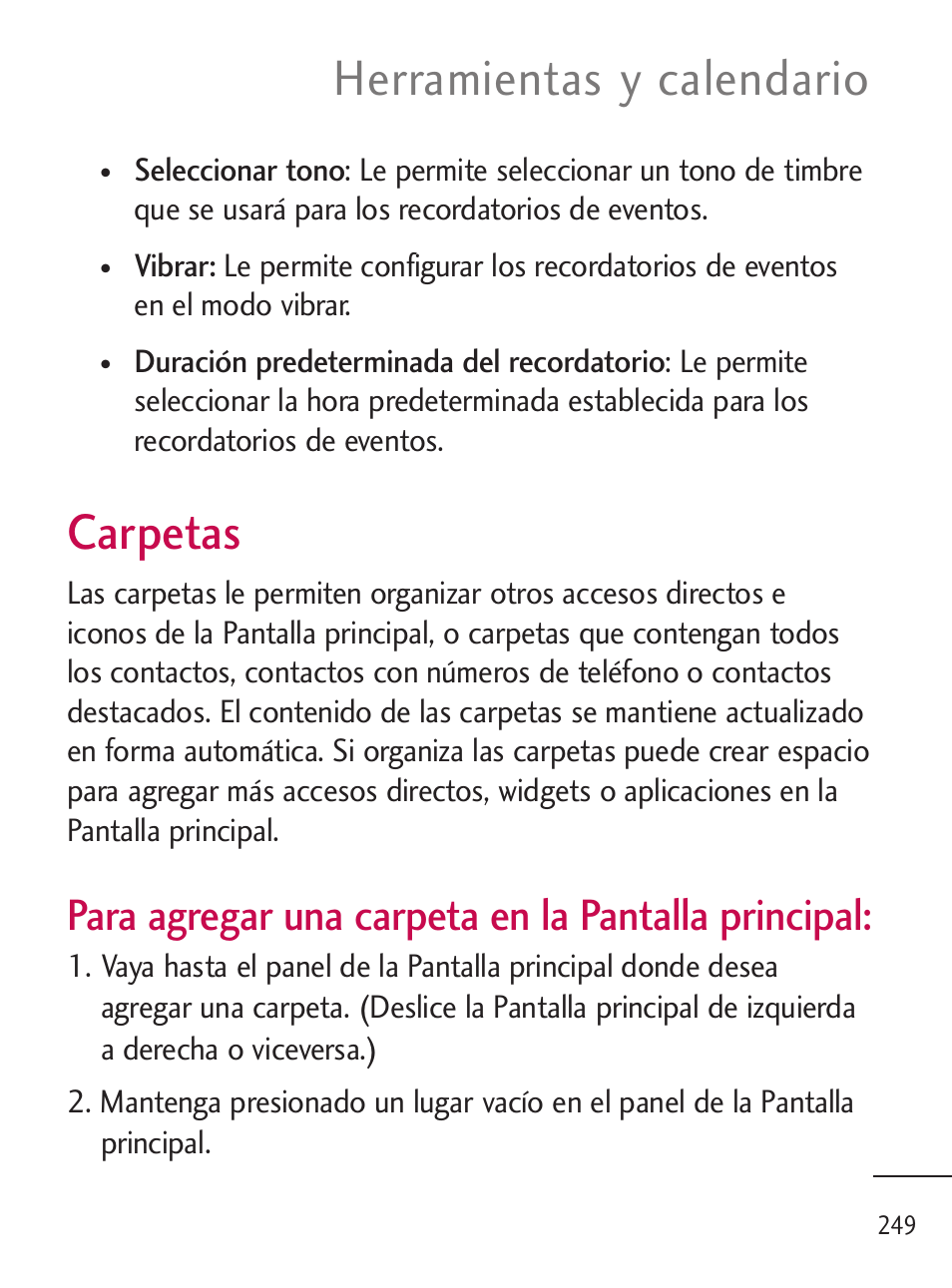 Carpetas, Herramientas y calendario, Para agregar una carpeta en la pantalla principal | LG LGL45C User Manual | Page 507 / 546