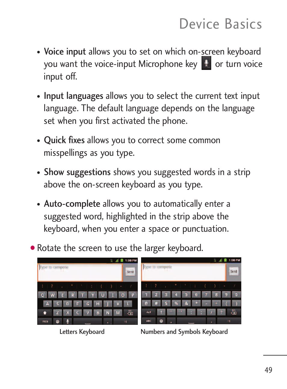 Device basics, Rotate the screen to use the larger keyboard | LG LGL45C User Manual | Page 51 / 546