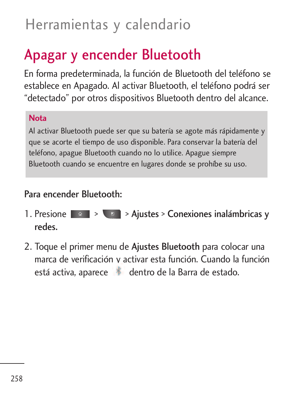 Apagar y encender bluetooth, Apagar y encender bluetooth, Herramientas y calendario | LG LGL45C User Manual | Page 516 / 546