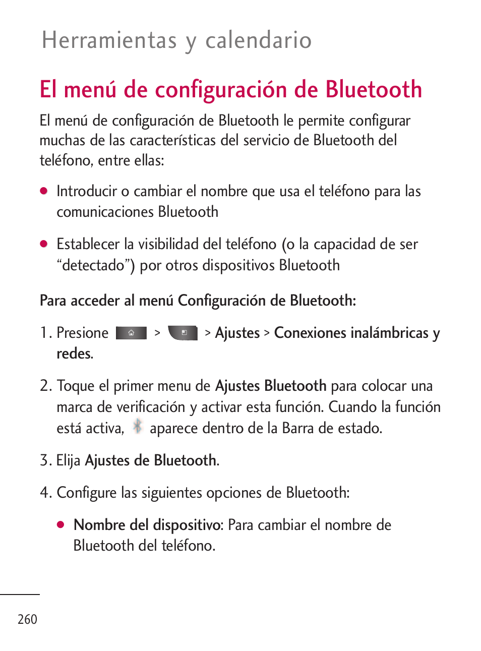 El menú de configuración de bluetooth, Herramientas y calendario | LG LGL45C User Manual | Page 518 / 546