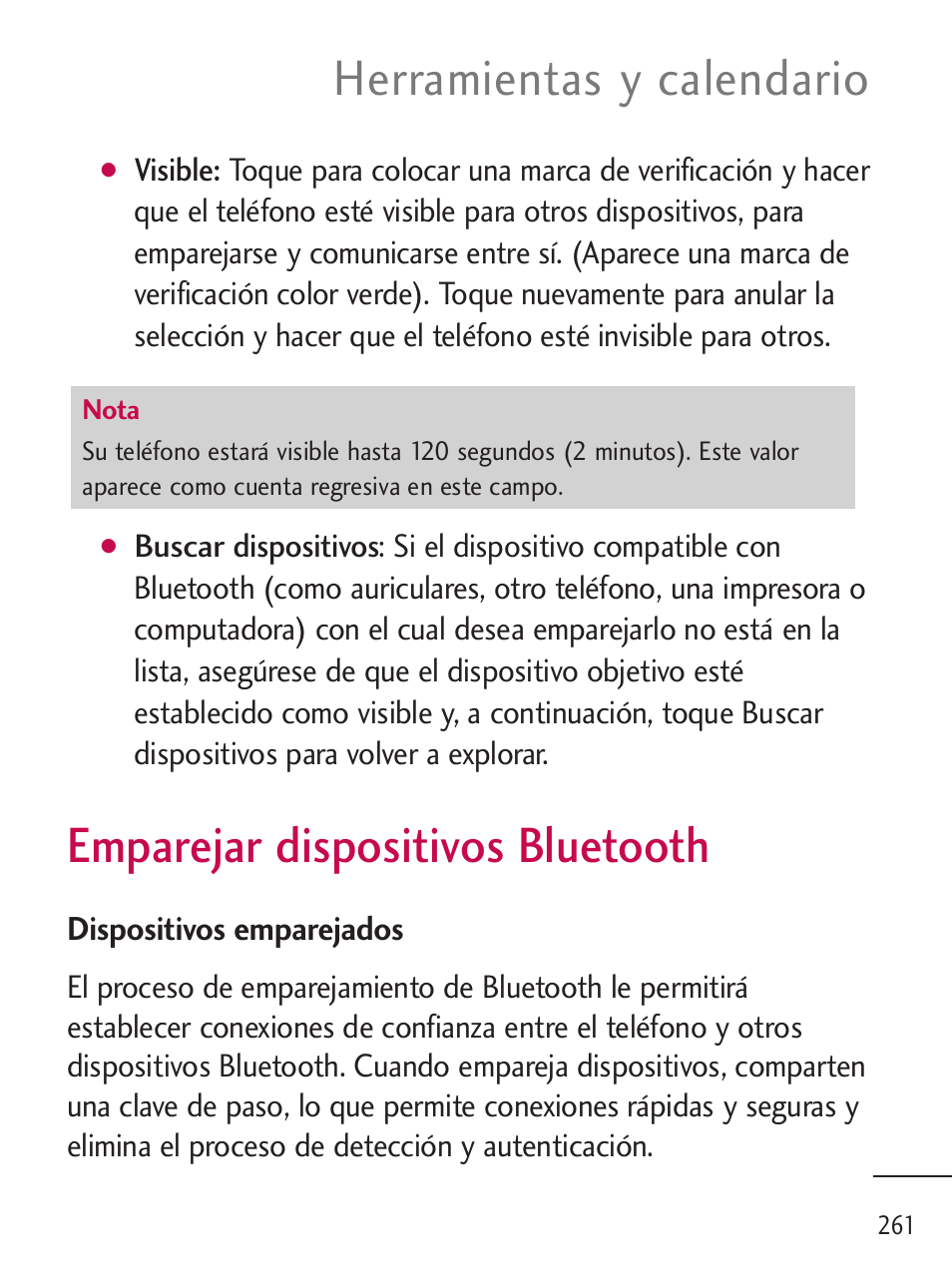 Emparejar dispositivos bluet, Emparejar dispositivos bluetooth, Herramientas y calendario | LG LGL45C User Manual | Page 519 / 546