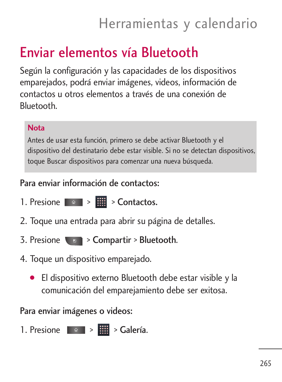 Enviar elementos vía bluetooth, Herramientas y calendario | LG LGL45C User Manual | Page 523 / 546