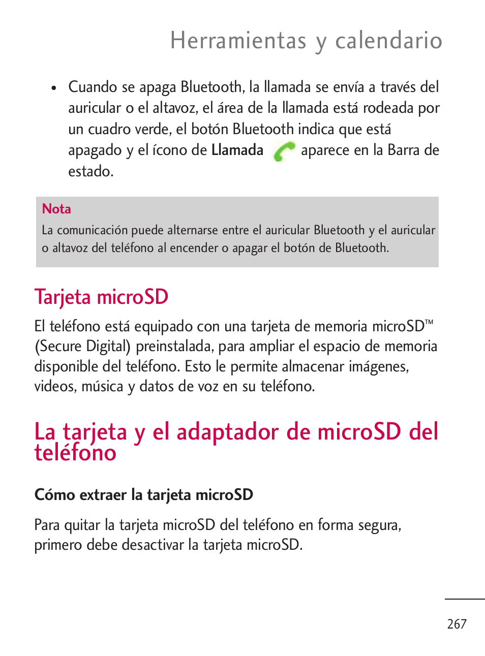 La tarjeta y el adaptador d, La tarjeta y el adaptador de microsd del teléfono, Herramientas y calendario | Tarjeta microsd | LG LGL45C User Manual | Page 525 / 546