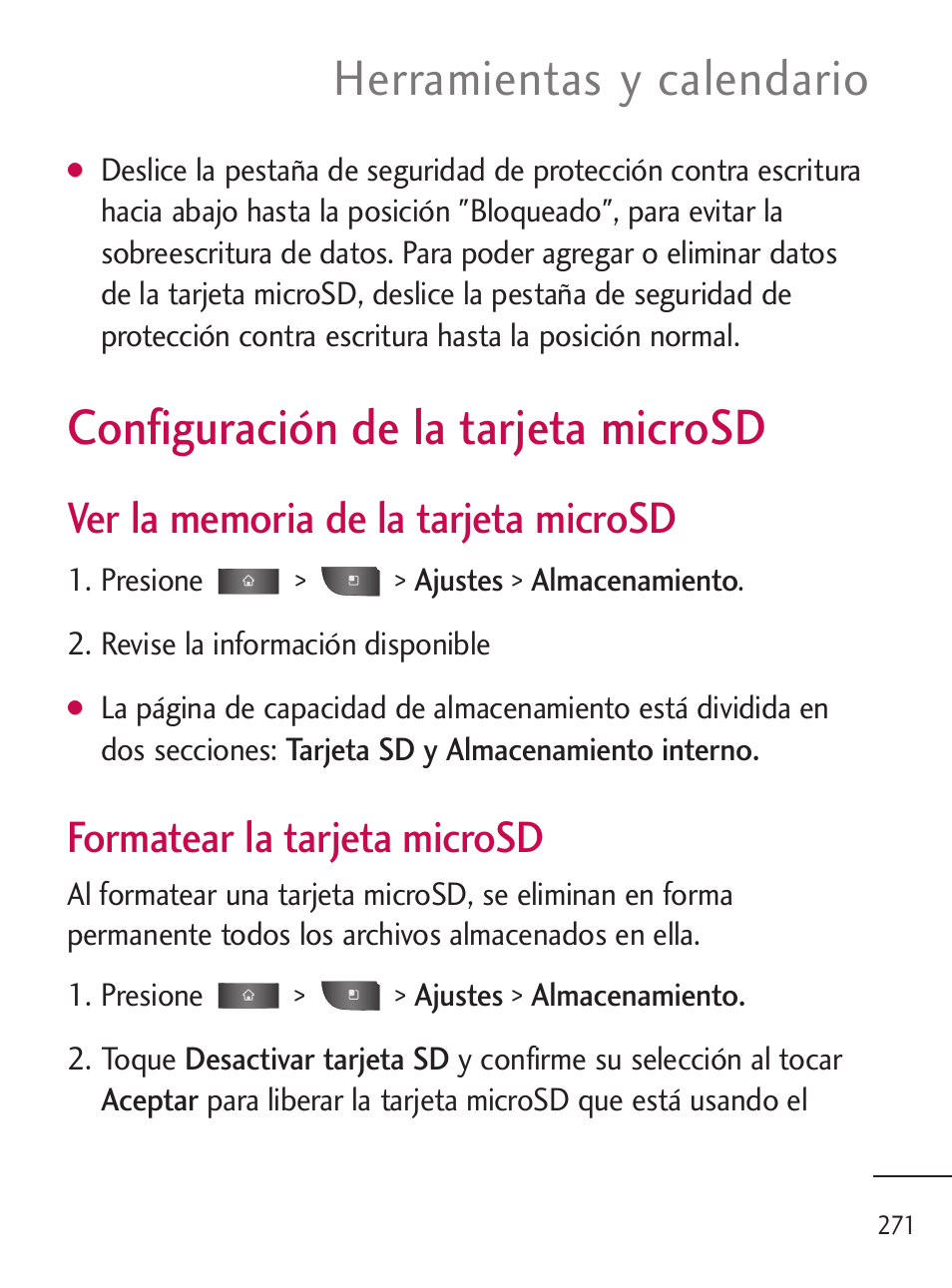 Configuración de la tarjeta microsd, Herramientas y calendario, Formatear la tarjeta microsd | LG LGL45C User Manual | Page 529 / 546