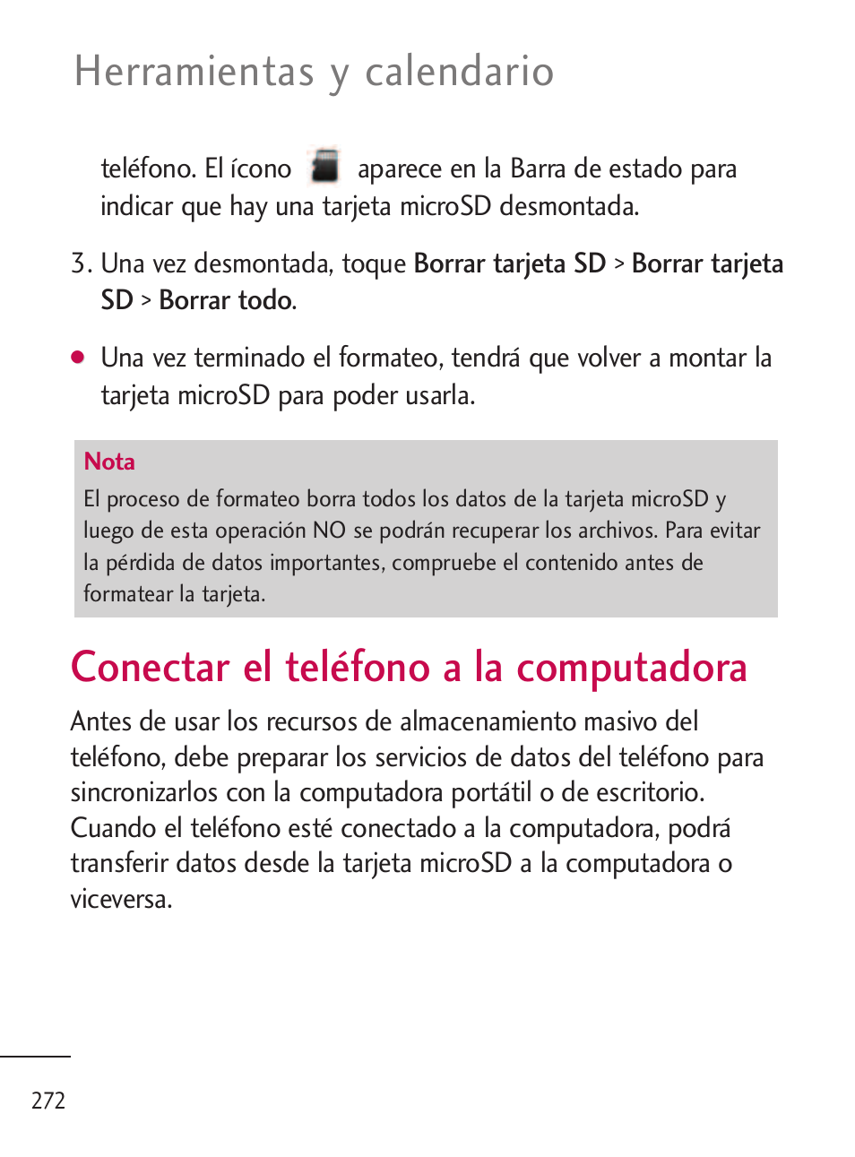 Conectar el teléfono a la computadora, Herramientas y calendario | LG LGL45C User Manual | Page 530 / 546