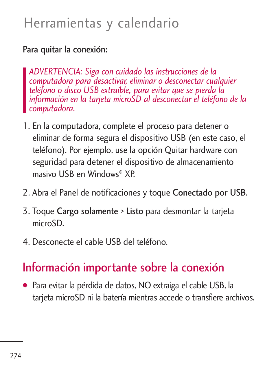 Herramientas y calendario, Información importante sobre la conexión | LG LGL45C User Manual | Page 532 / 546