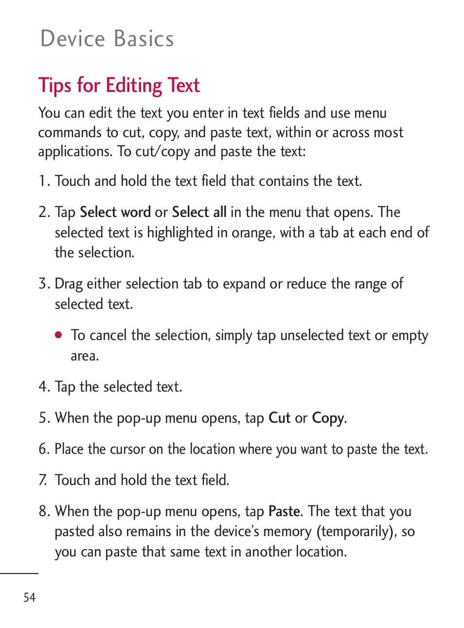 Device basics, Tips for editing text | LG LGL45C User Manual | Page 56 / 546