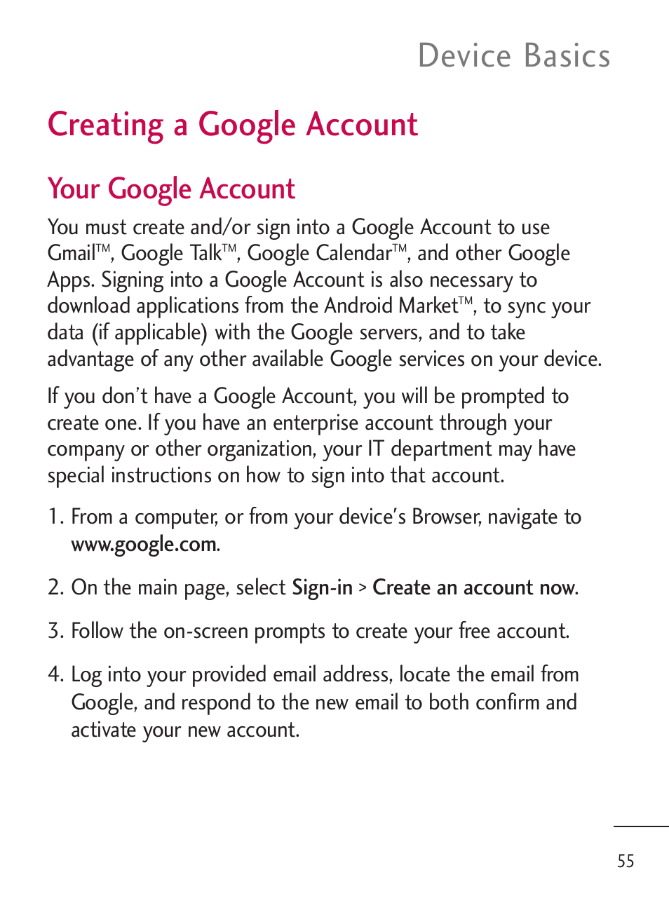 Creating a google account, Creating a google account, Device basics | Your google account | LG LGL45C User Manual | Page 57 / 546