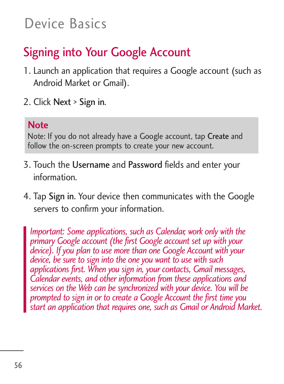 Device basics, Signing into your google account | LG LGL45C User Manual | Page 58 / 546