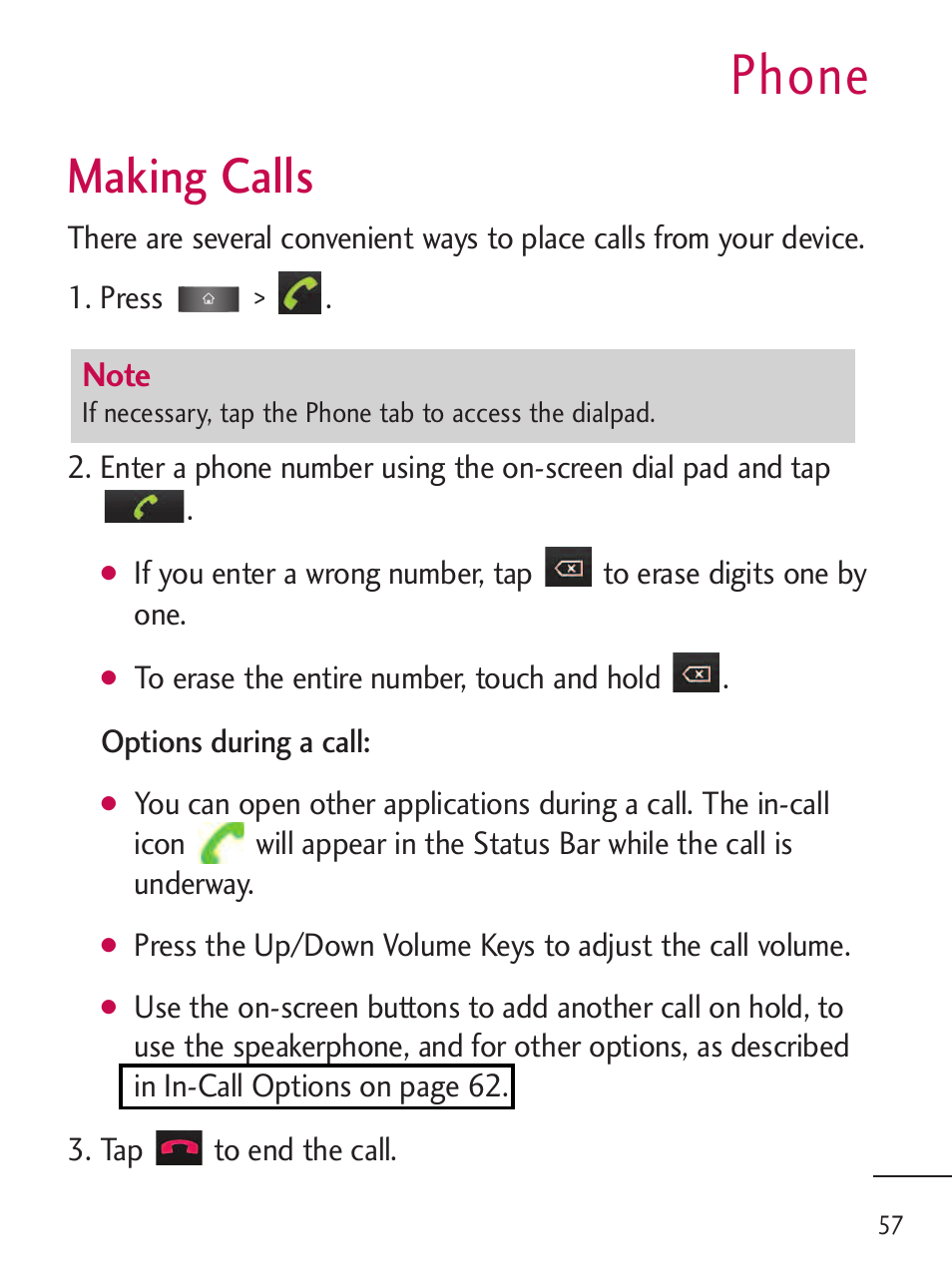 Phone, Making calls | LG LGL45C User Manual | Page 59 / 546