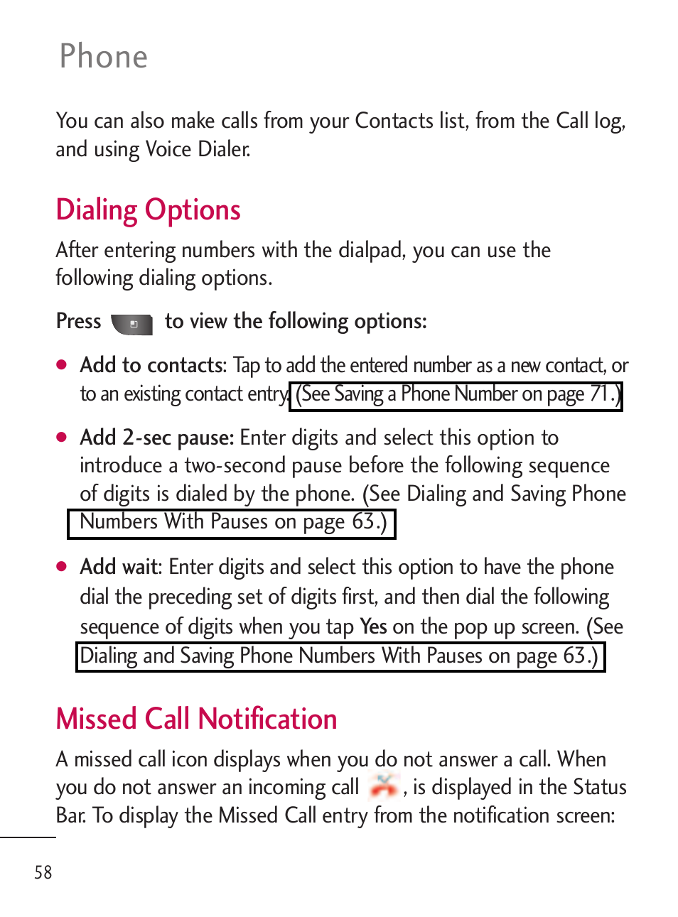 Phone, Dialing options, Missed call notification | LG LGL45C User Manual | Page 60 / 546