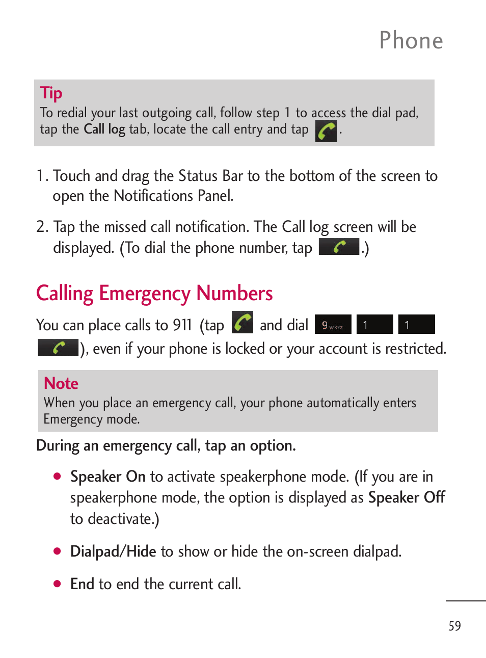 Phone, Calling emergency numbers | LG LGL45C User Manual | Page 61 / 546