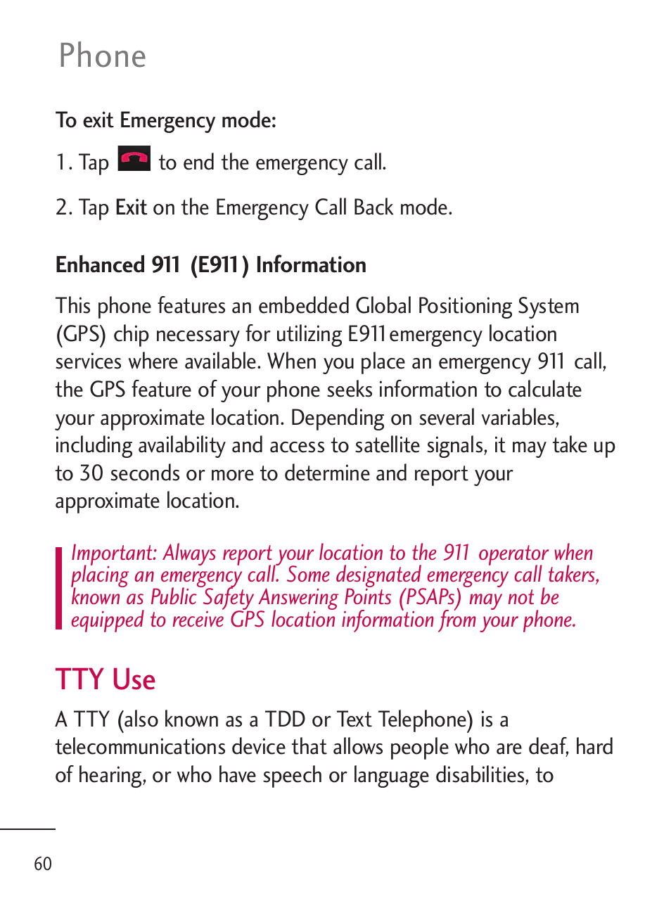 Phone, Tty use | LG LGL45C User Manual | Page 62 / 546