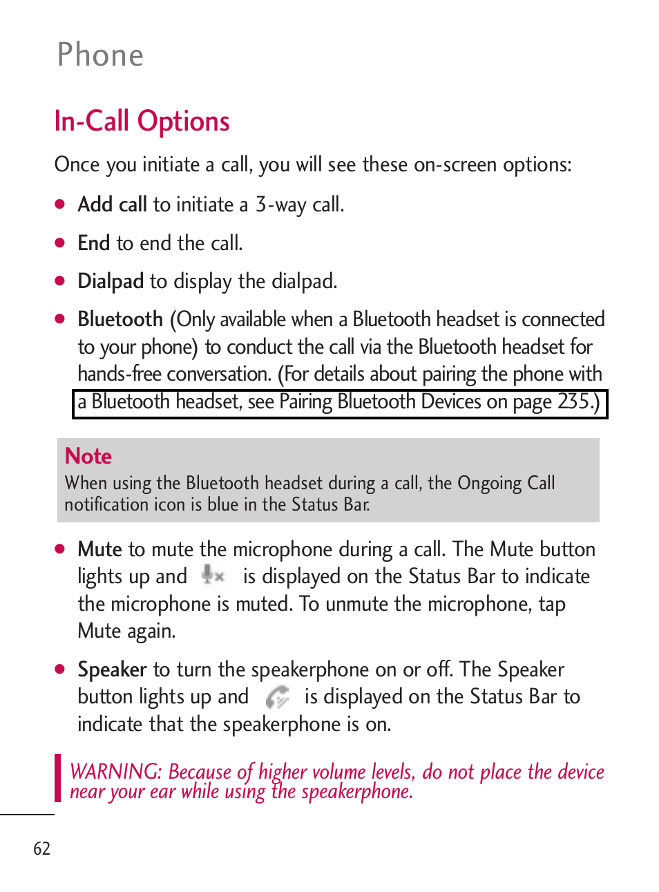 Phone, In-call options | LG LGL45C User Manual | Page 64 / 546