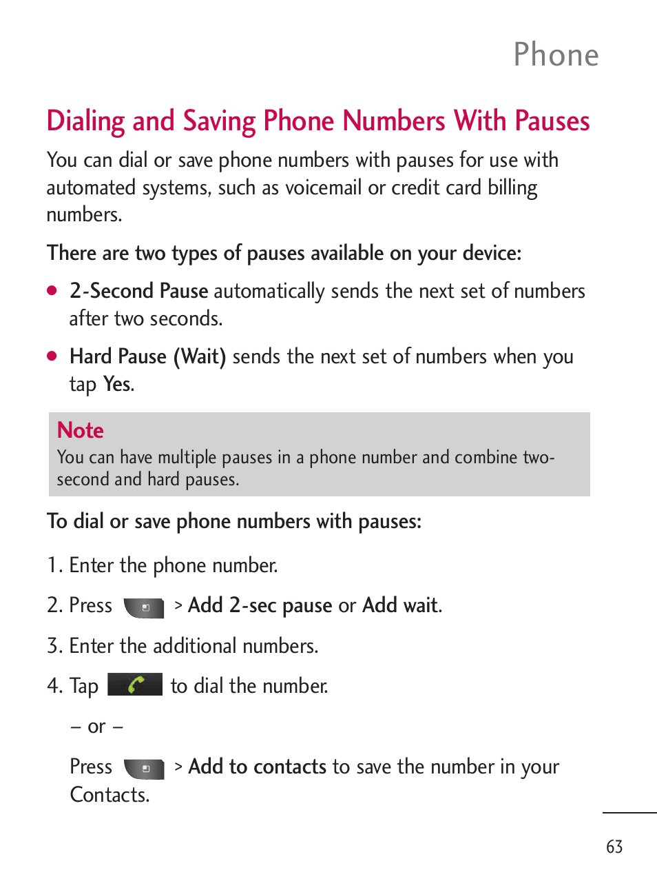 Phone, Dialing and saving phone numbers with pauses | LG LGL45C User Manual | Page 65 / 546