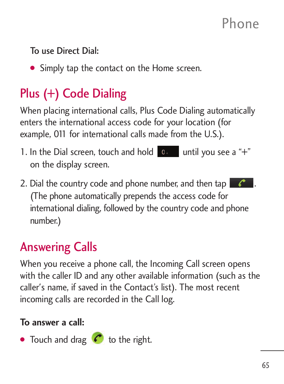 Phone, Plus (+) code dialing, Answering calls | LG LGL45C User Manual | Page 67 / 546
