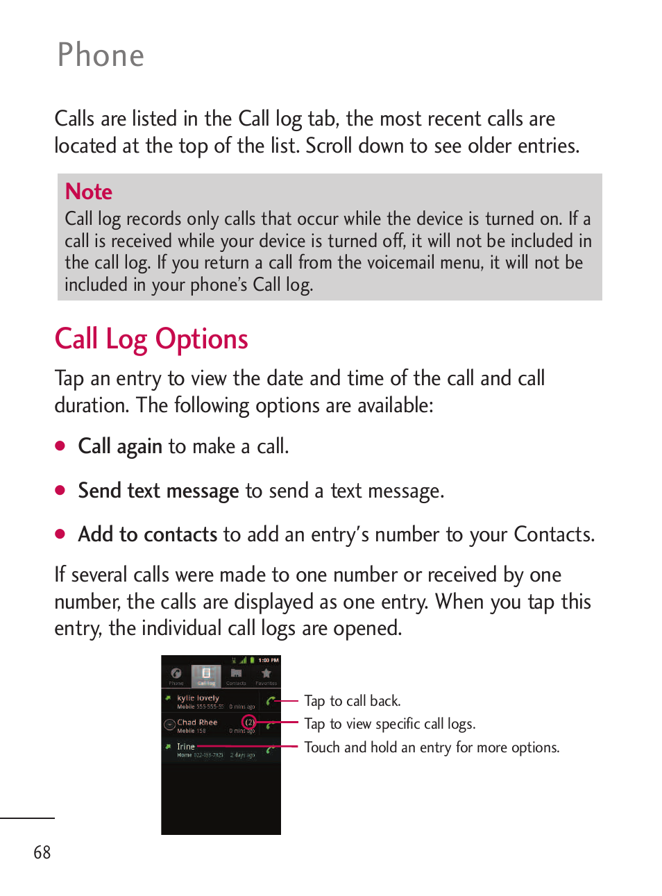 Phone, Call log options | LG LGL45C User Manual | Page 70 / 546