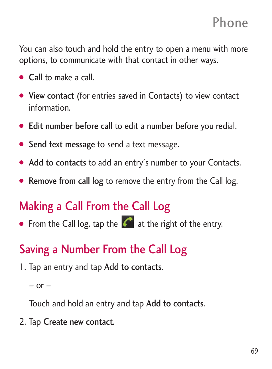 Phone, Making a call from the call log, Saving a number from the call log | LG LGL45C User Manual | Page 71 / 546