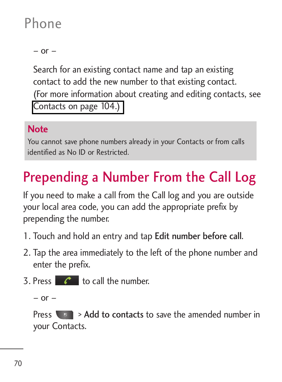 Prepending a number from th, Prepending a number from the call log, Phone | LG LGL45C User Manual | Page 72 / 546