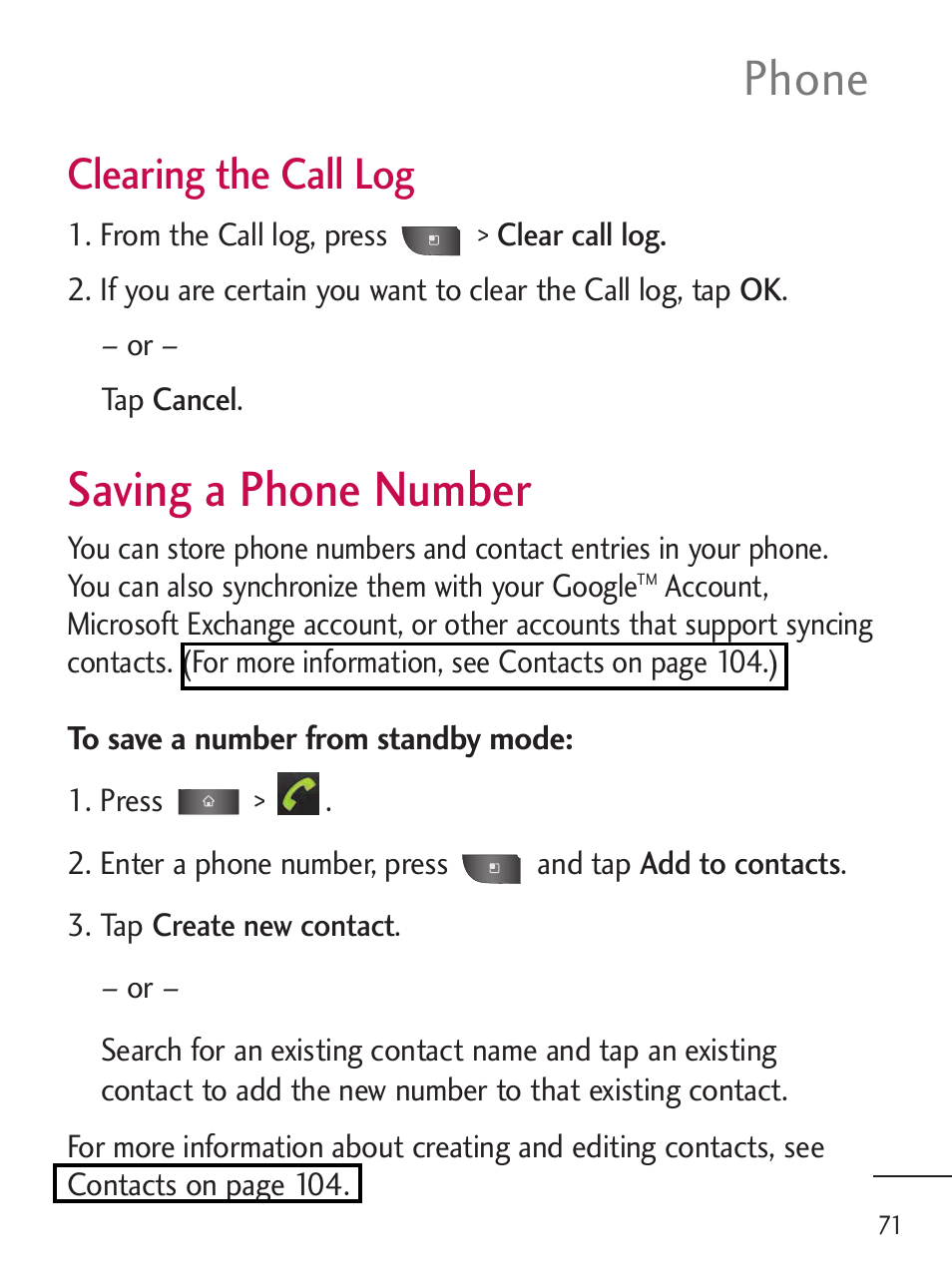 Saving a phone number, Saving a phone number 71, Phone | Clearing the call log | LG LGL45C User Manual | Page 73 / 546