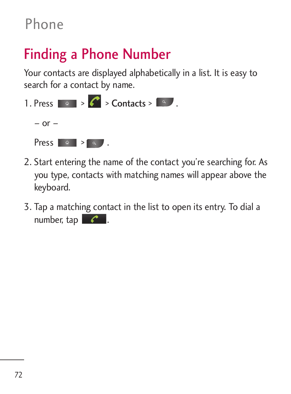 Finding a phone number, Finding a phone number 72, Phone | LG LGL45C User Manual | Page 74 / 546