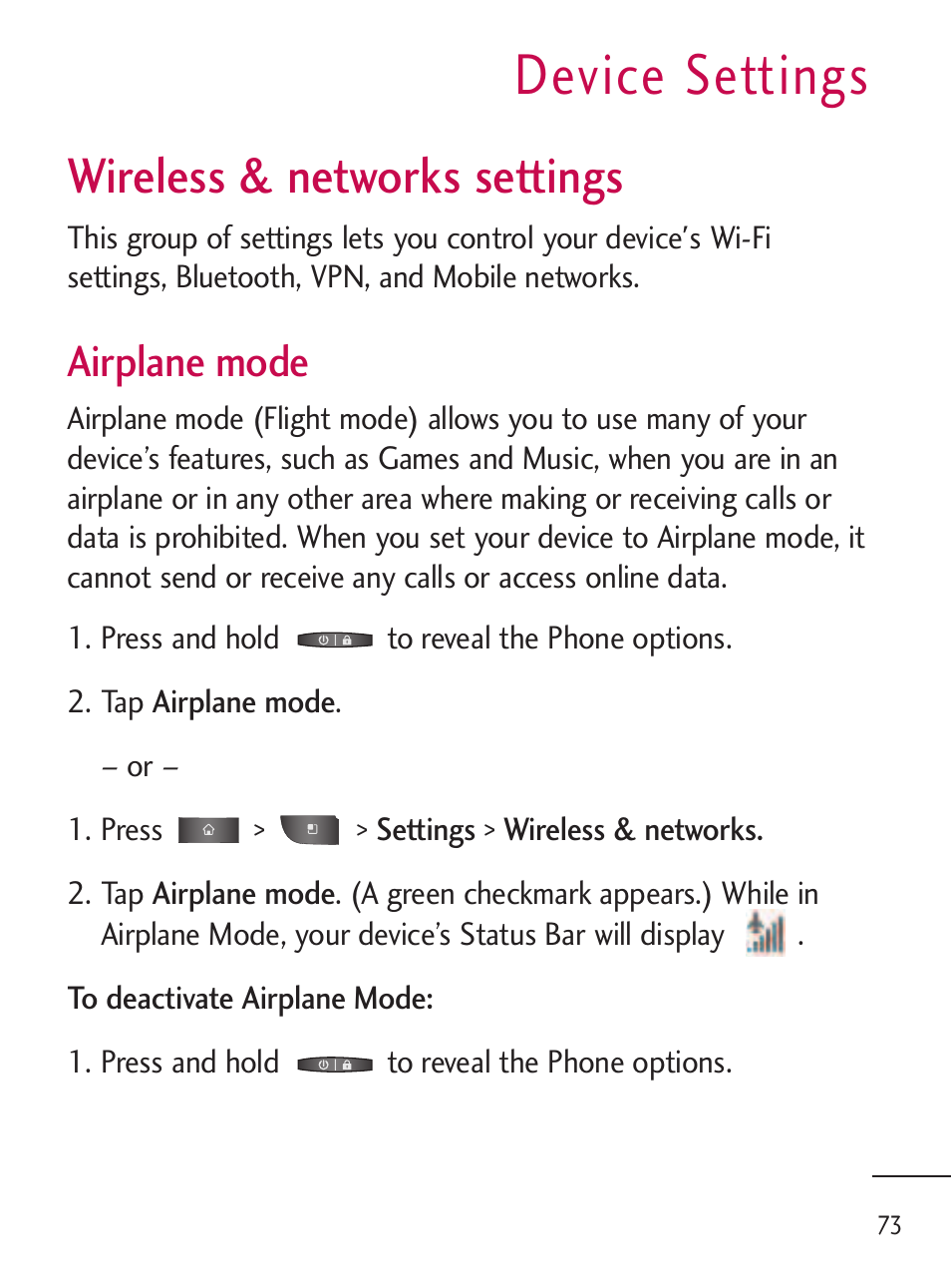 Device settings, Wireless & networks settings, Wireless & networks settings | Airplane mode | LG LGL45C User Manual | Page 75 / 546