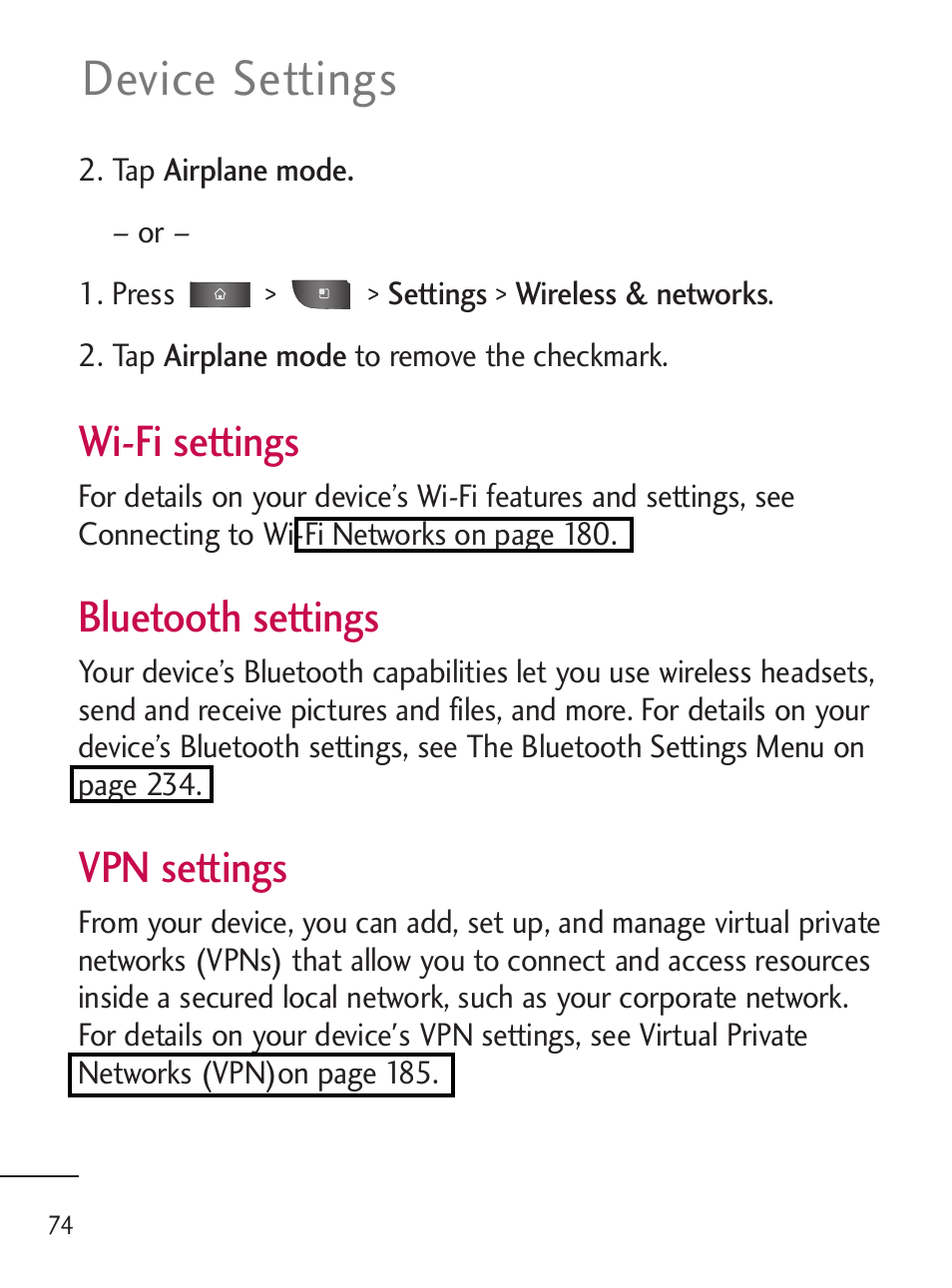 Device settings, Wi-fi settings, Bluetooth settings | Vpn settings | LG LGL45C User Manual | Page 76 / 546