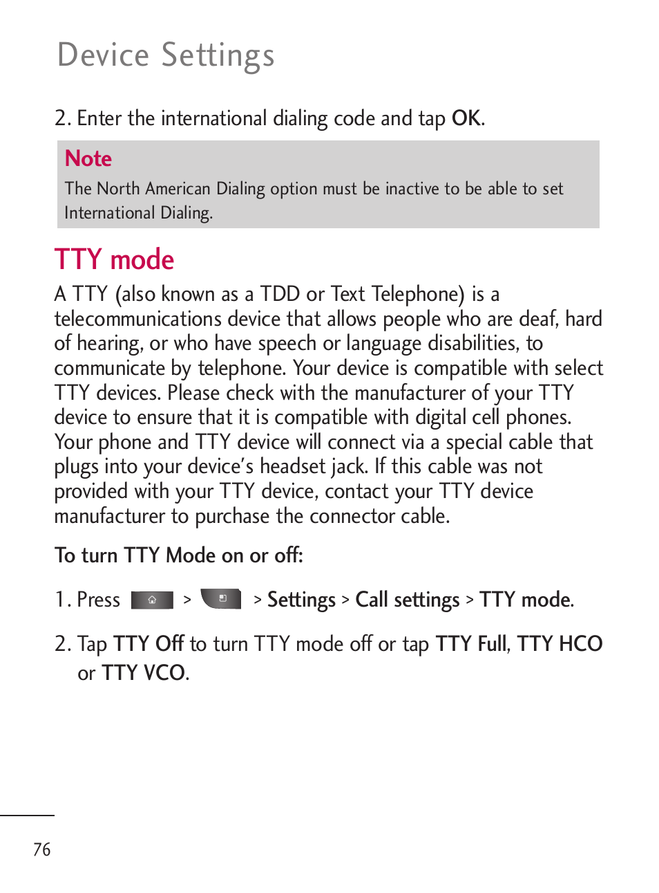 Device settings, Tty mode | LG LGL45C User Manual | Page 78 / 546