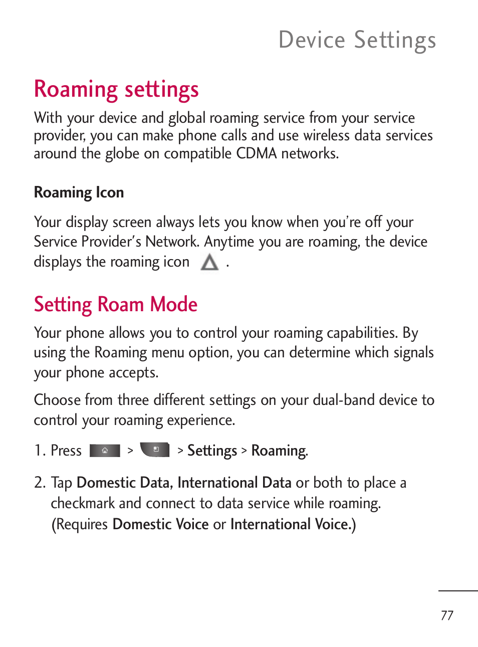 Roaming settings, Device settings, Setting roam mode | LG LGL45C User Manual | Page 79 / 546