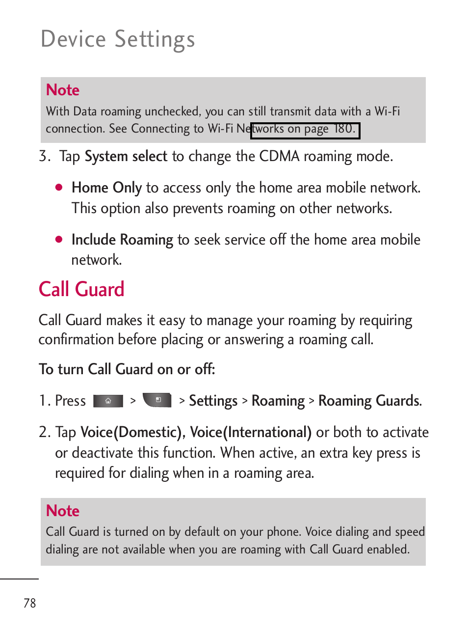 Device settings, Call guard | LG LGL45C User Manual | Page 80 / 546
