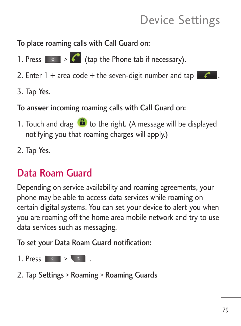 Device settings, Data roam guard | LG LGL45C User Manual | Page 81 / 546