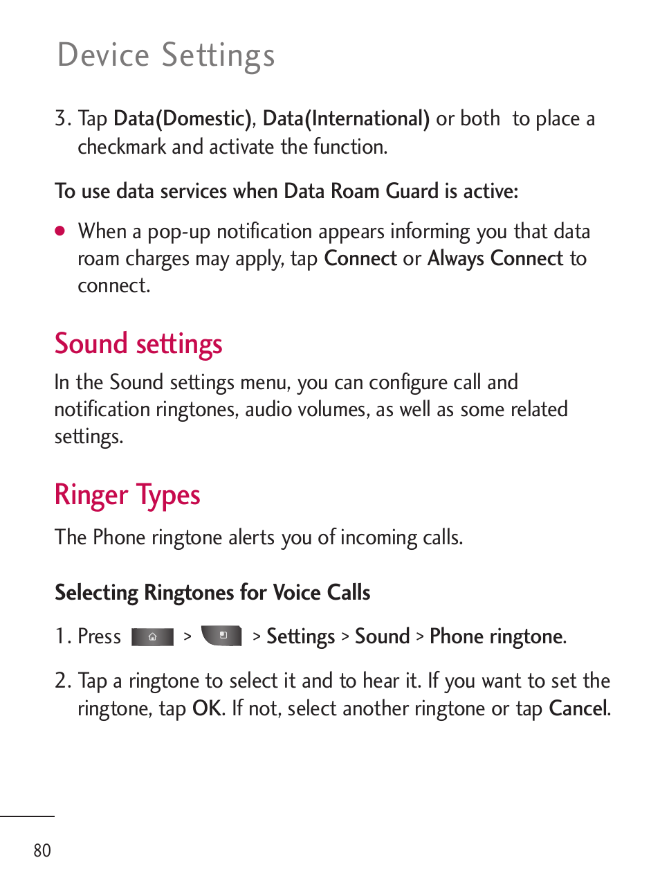 Device settings, Sound settings, Ringer types | LG LGL45C User Manual | Page 82 / 546