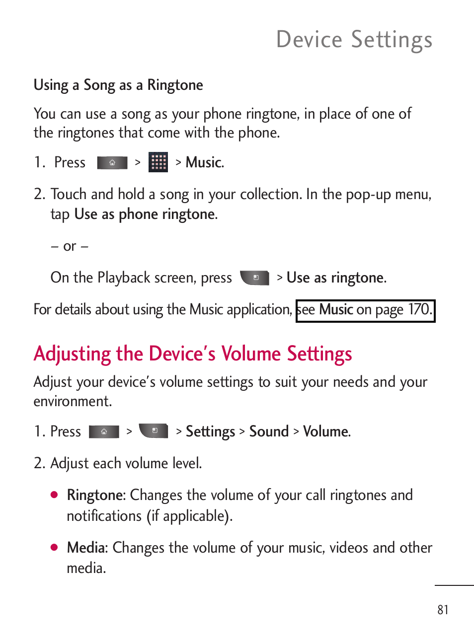 Device settings, Adjusting the device's volume settings | LG LGL45C User Manual | Page 83 / 546