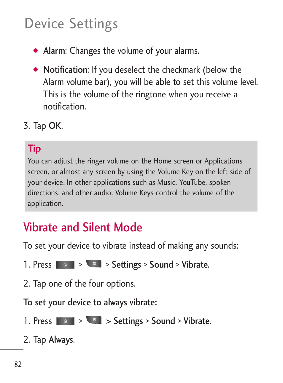 Device settings, Vibrate and silent mode | LG LGL45C User Manual | Page 84 / 546