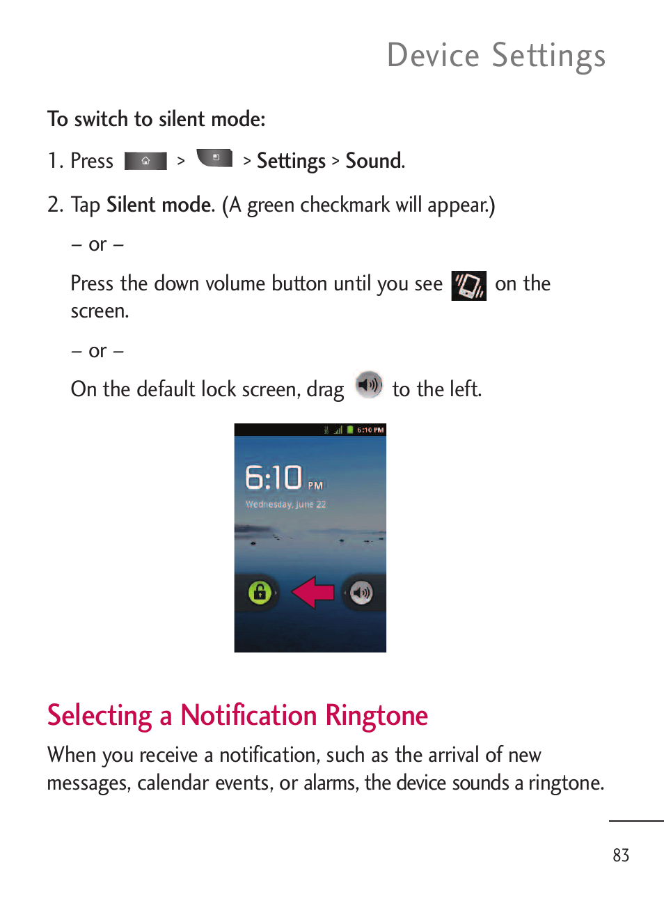 Device settings, Selecting a notification ringtone | LG LGL45C User Manual | Page 85 / 546