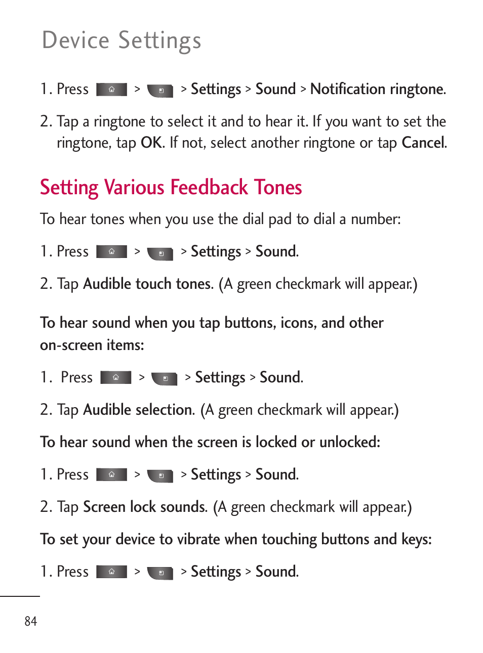 Device settings, Setting various feedback tones | LG LGL45C User Manual | Page 86 / 546