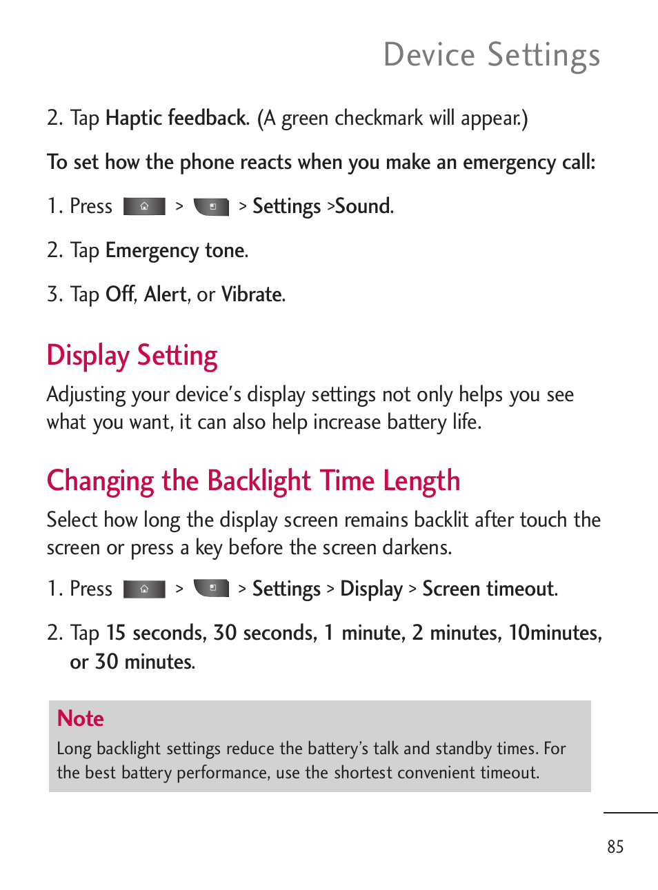 Device settings, Display setting, Changing the backlight time length | LG LGL45C User Manual | Page 87 / 546