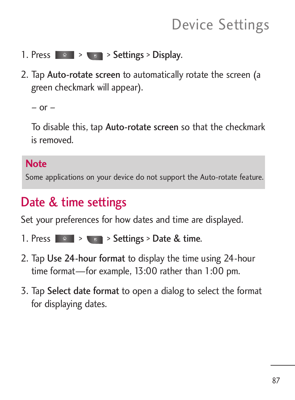 Device settings, Date & time settings | LG LGL45C User Manual | Page 89 / 546